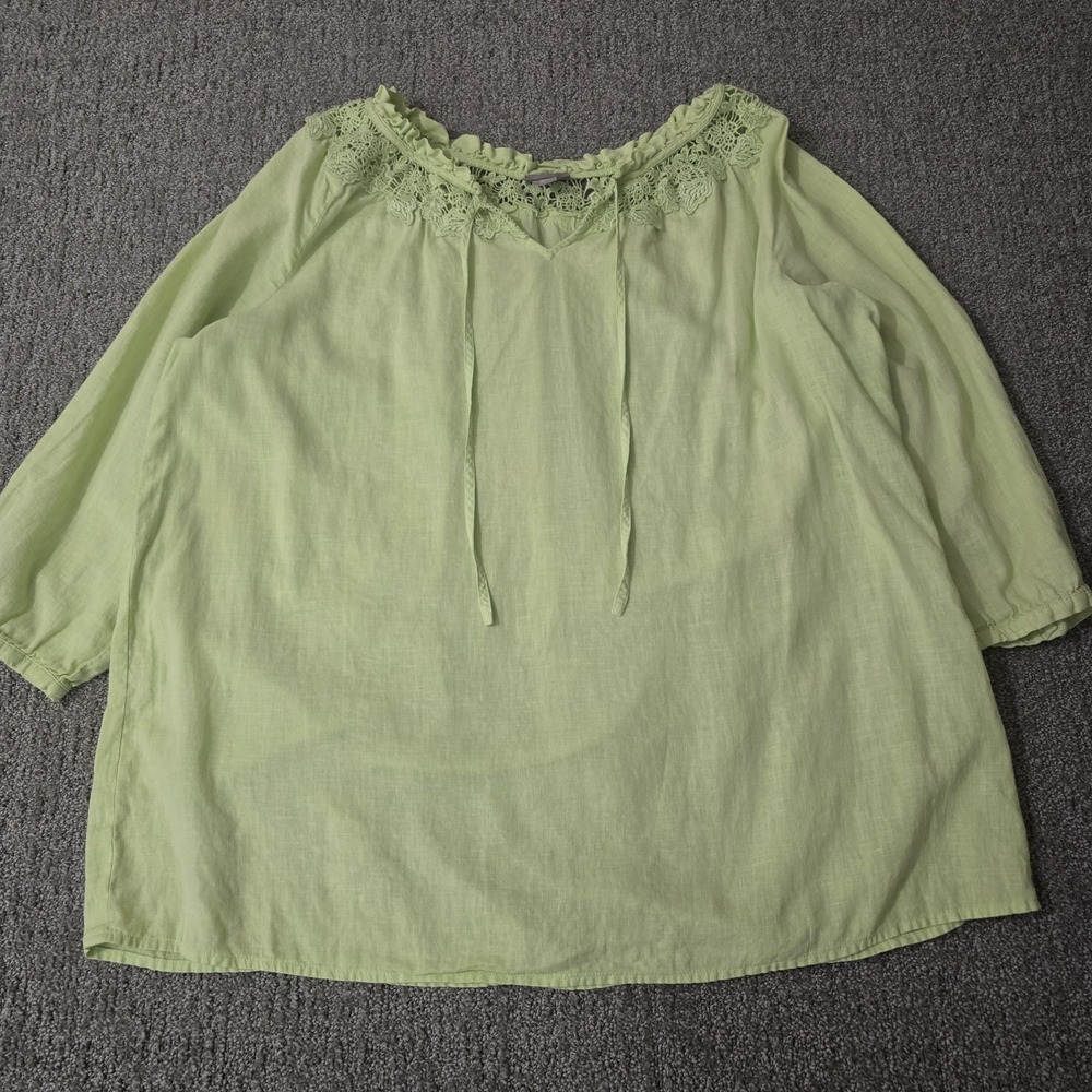 J.Jill Linen Blouse XL Green Lace Peasant Boho Cottagecore 3/4 Sleeve